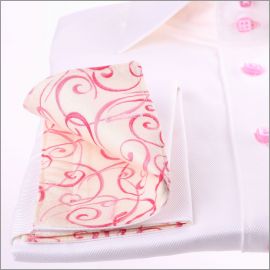 White french cuff shirt with with beige and pink patterns collar and cuffs