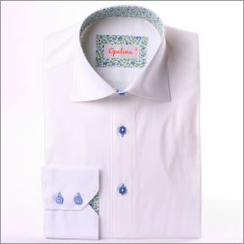 White shirt with blue and green liberty collar and blue buttons