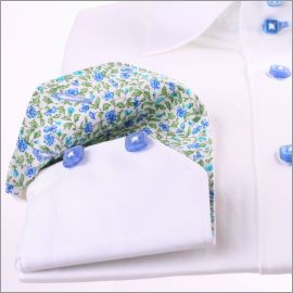 White shirt with blue and green liberty collar and blue buttons