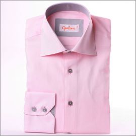 Pink shirt with grey collar, cuffs and buttons