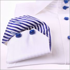 White slim fit shirt with blue stripes collar and cuffs and blue buttons