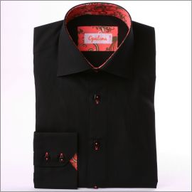Chemise cintr�e noire � col et poignets � motifs saumons et marrons