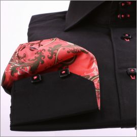Chemise cintr�e noire � col et poignets � motifs saumons et marrons
