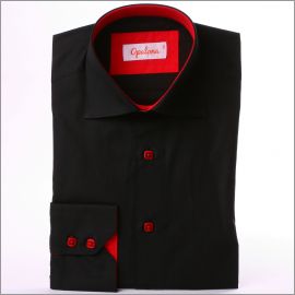 Black slim fit shirt with red collar, cuffs and buttons