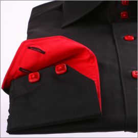 Black slim fit shirt with red collar, cuffs and buttons