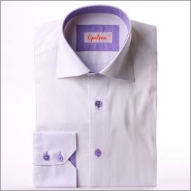 White with lilac collar and cuffs and purple ribbon shirt