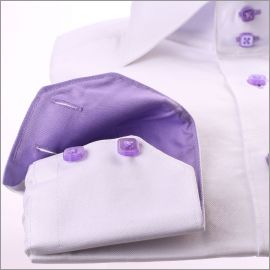White with lilac collar and cuffs and purple ribbon shirt