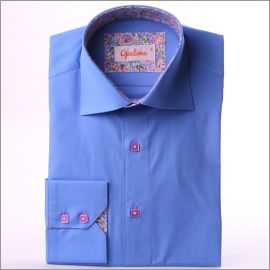 Medium blue with pink and lilac flowers collar and cuffs shirt
