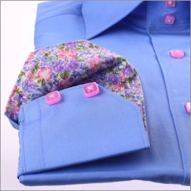 Medium blue with pink and lilac flowers collar and cuffs shirt