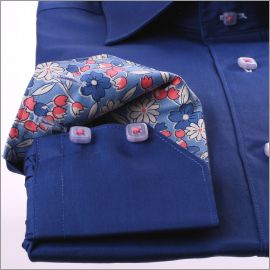 Navy blue with blue and salmon-pink flowers collar and cuffs shirt