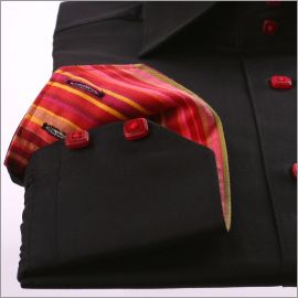 Black with multicoloured stripes collar and cuffs shirt