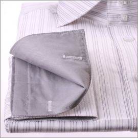 White with grey stripes and grey collar and cuffs shirt