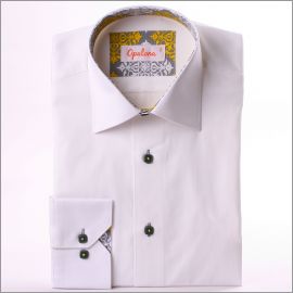 White shirt with grey, white and yellow patterns collar and cuffs