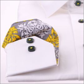 White shirt with grey, white and yellow patterns collar and cuffs