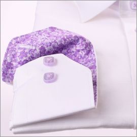 White shirt with lilac floral collar and cuffs
