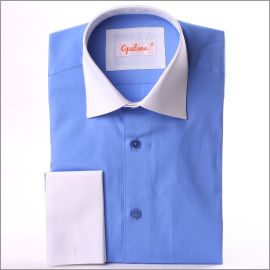 Medium blue french cuff shirt with white collar and cuffs