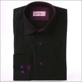 Black shirt with purple collar and cuffs and a floral purple ribbon