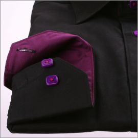 Black shirt with purple collar and cuffs and a floral purple ribbon