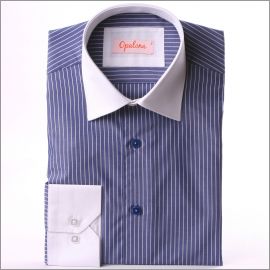 Dark blue with white stripes shirt and white collar and cuffs