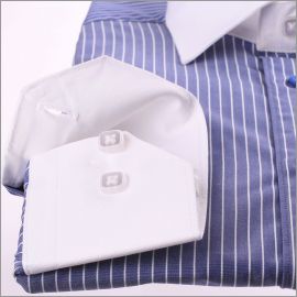 Dark blue with white stripes shirt and white collar and cuffs