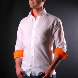 Chemise en lin blanche à col et poignets à motifs oranges