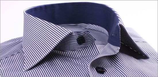 White and navy blue striped french cuff shirt with a navy blue collar