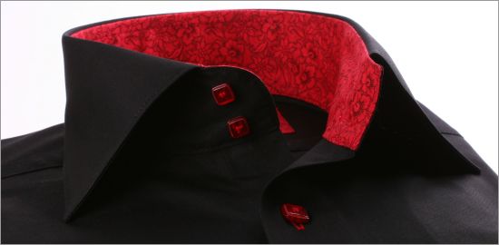 Black napolitan cuff shirt with red flourished collar and cuffs and red buttons