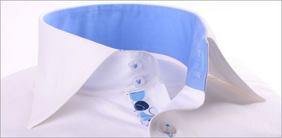 White with blue collar and cuffs and blue patterns ribbon slim fit shirt