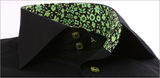 Black with green flourished collar and cuffs slim fit shirt