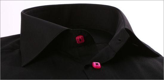 Black shirt with pink buttons and multicolored pattern fabric on the cuffs