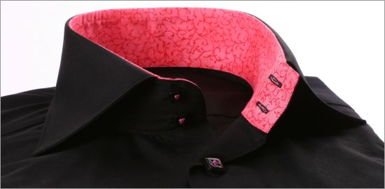 Black napolitan cuff shirt with pink patterns collar and cuffs