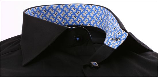 Black shirt with blue and white patterns collar and cuffs