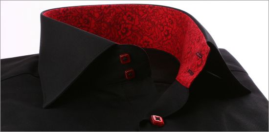 Black slim fit shirt with red flourished collar and cuffs and red buttons