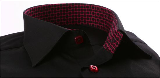 Black napolitan cuff shirt with burgundy and black patterns collar and cuffs and burgundy buttons
