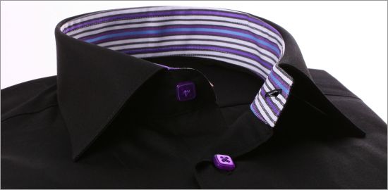 Black napolitan cuff shirt with multicolored stripes and purple buttons