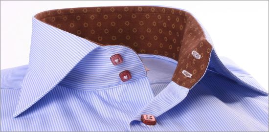 White and blue striped shirt with brown patterns collar and cuffs and brown buttons