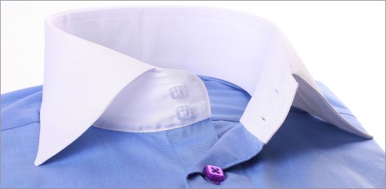 Blue slim fit shirt with white collar and cuffs and purple buttons