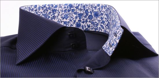 Navy blue slim fit shirt with blue and white flourished collar and cuffs