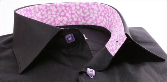 Black and grey shirt with white and lilac patterns collar and cuffs