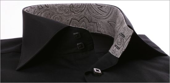 Black napolitan cuff slim fit shirt with grey patterns collar and cuffs