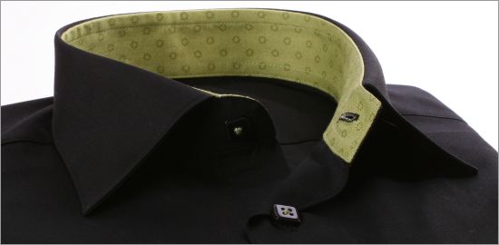 Black napolitan cuff slim fit shirt with green patterns collar and cuffsr, cuffs and buttons and blue patterns ribbon