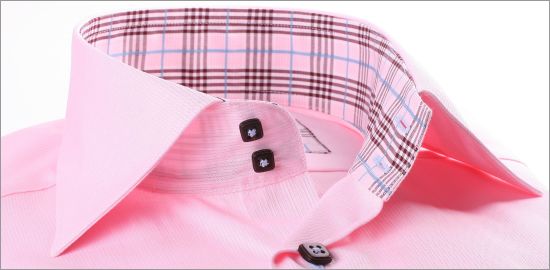 Pink shirt with brown, pink and blue Prince of Wales collar and cuffs, brown buttons
