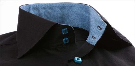 Black shirt with blue green collar and cuffs and blue buttons