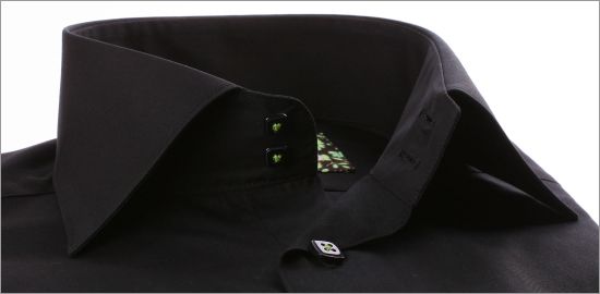 Black slim fit shirt with green flowers fabric sewed on the cuffs