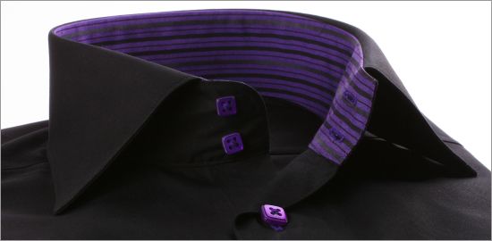 Black slim fit shirt with purple stripes collar and cuffs and purple buttons