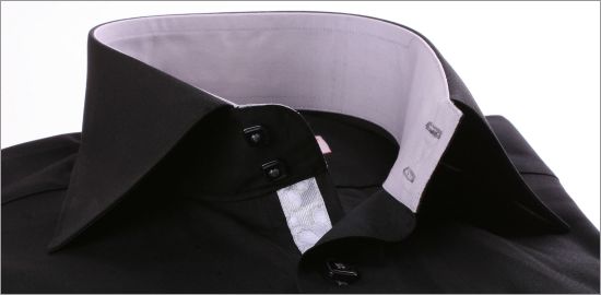 Black slim fit shirt with grey collar and cuffs and silver grey ribbon