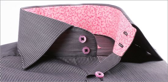 Black with thin white stripes slim fit shirt with pink collar and cuffs and pink buttons