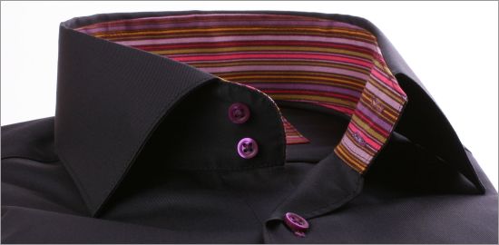 Black shirt with multicolored stripes collar and cuffs and purple buttons