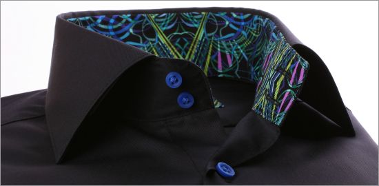 Black shirt with blue and green patterns collar and cuffs and blue buttons