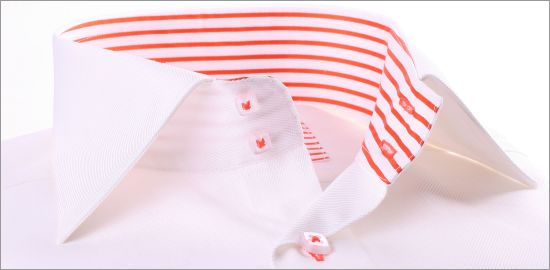 Chemise blanche à col et poignets à rayures orangées et boutonnières orangées